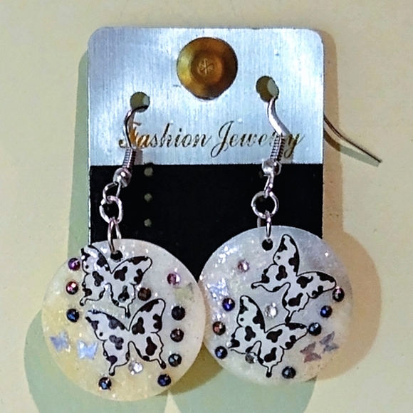 Cow Print Butterfly Sparkly Earrings - Picture 1 of 8